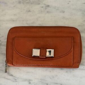 Chloe Cognac Leather Wallet with Silver Bow Accent